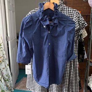Women's Blue Ruffled Button Down Shirt